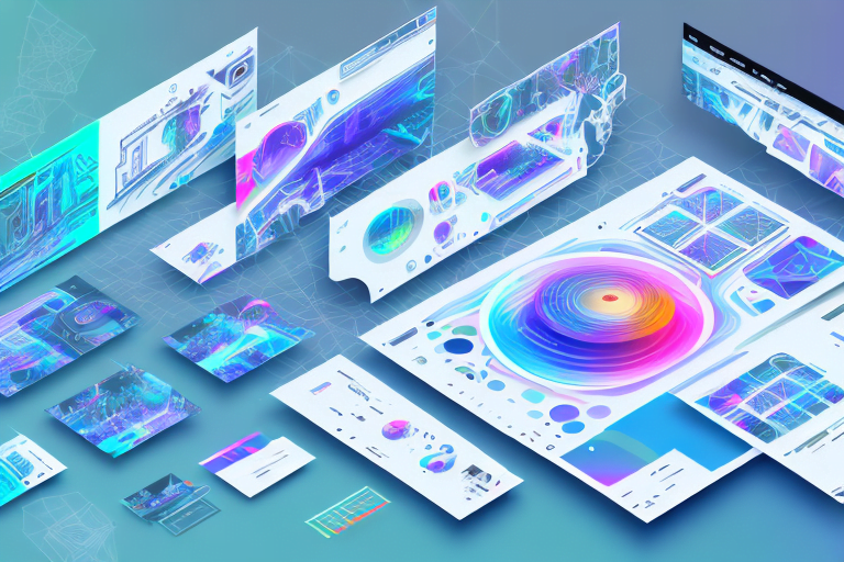 A futuristic digital canvas with various design tools and elements such as color palettes