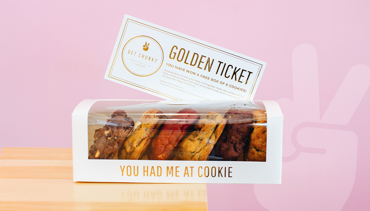 Box of Get Chunky cookies with a Golden Ticket