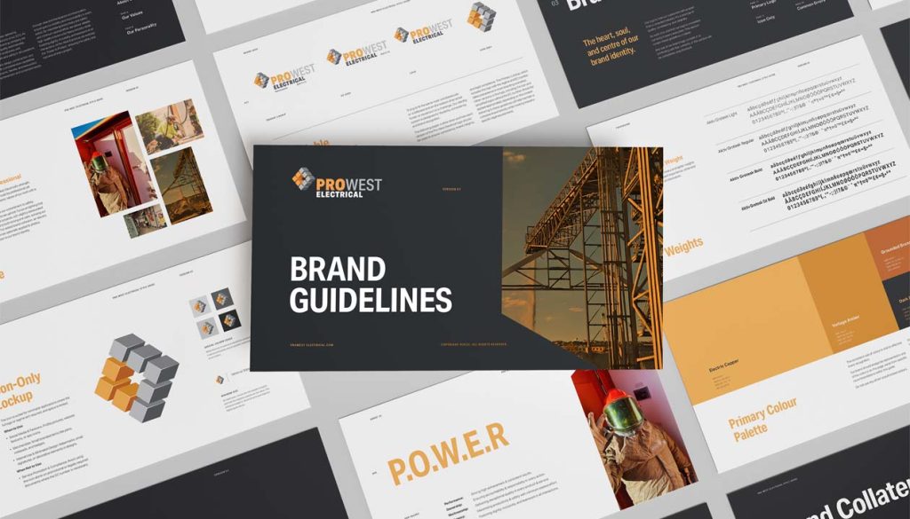 Pro West Electrical brand guidelines booklet showcasing logo