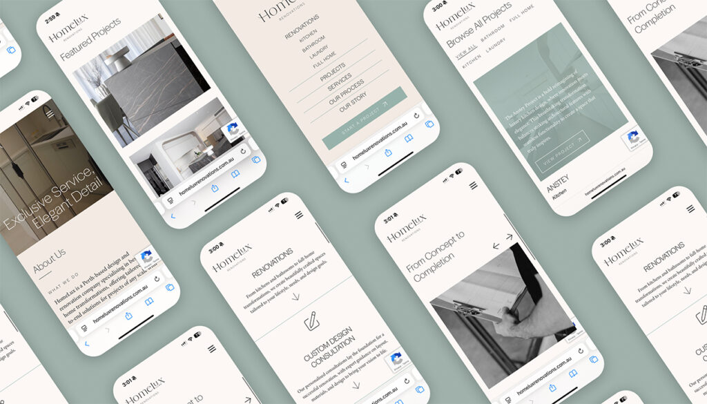 Homelux mobile website interface screens